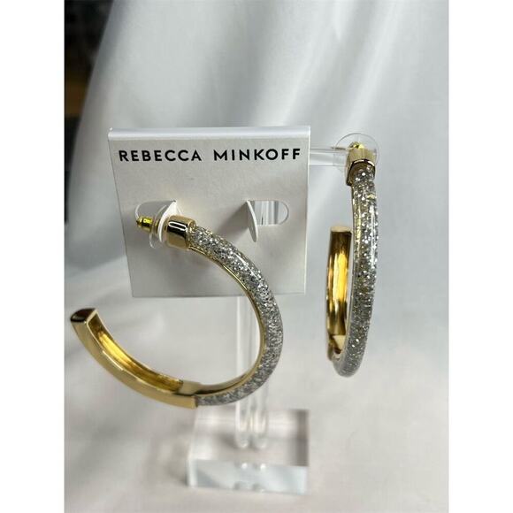 Rebecca Minkoff Large Gold Glitter Hoop Earrings Lightweight Post Back - Picture 1 of 3